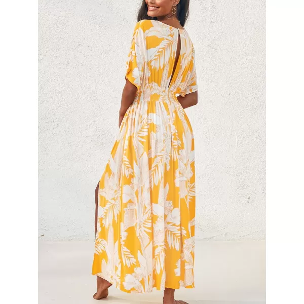 imageCUPSHE Dress for Women Summer Midi Dress V Neck Button Elastic Waist Cut Out Back 34 Sleeves Floral PrintedYellow