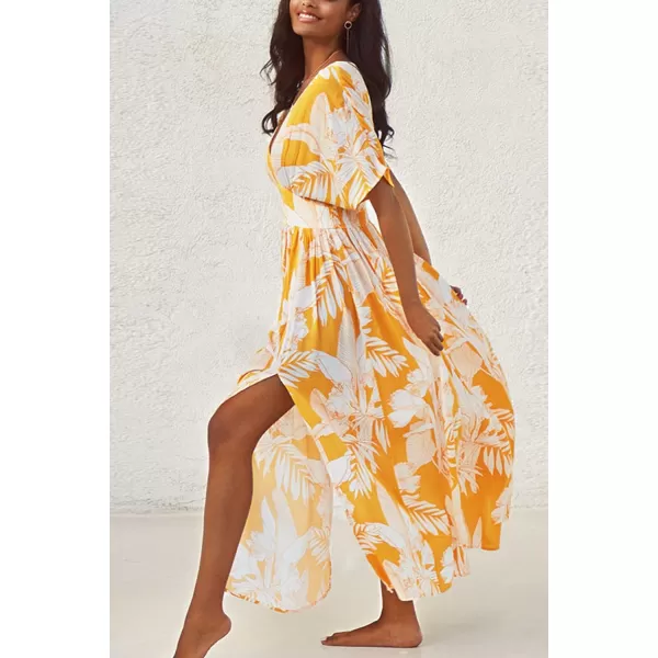 imageCUPSHE Dress for Women Summer Midi Dress V Neck Button Elastic Waist Cut Out Back 34 Sleeves Floral PrintedYellow
