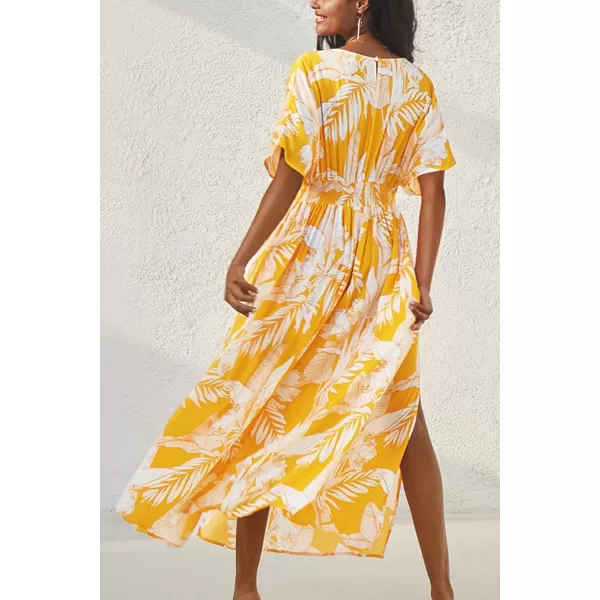 imageCUPSHE Dress for Women Summer Midi Dress V Neck Button Elastic Waist Cut Out Back 34 Sleeves Floral PrintedYellow