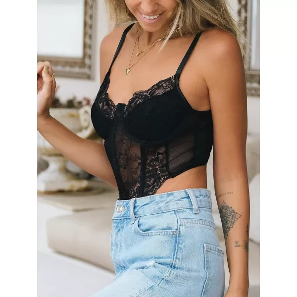imageCUPSHE Floral Lace Underwire Bustier Cropped Cami Tee Shirts Sleeveless Tank Tops Casual SexyBlack