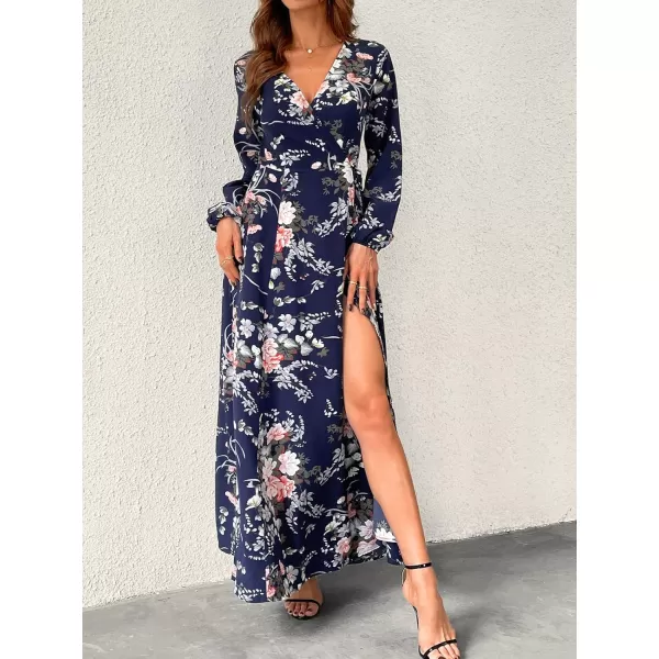 imageCUPSHE Floral Print Maxi Dresses for Women Aline Long Sleeves Fall High Slit Wrap DressMulticoloured