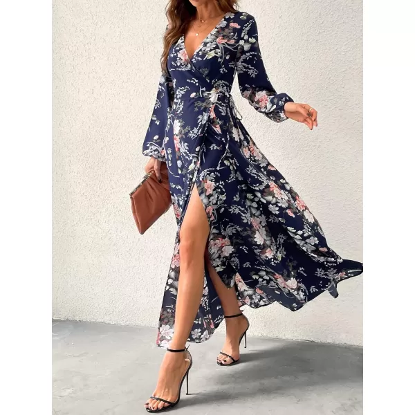 imageCUPSHE Floral Print Maxi Dresses for Women Aline Long Sleeves Fall High Slit Wrap DressMulticoloured