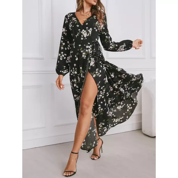 imageCUPSHE Floral Print Maxi Dresses for Women Aline Long Sleeves Fall High Slit Wrap DressWhite Floral