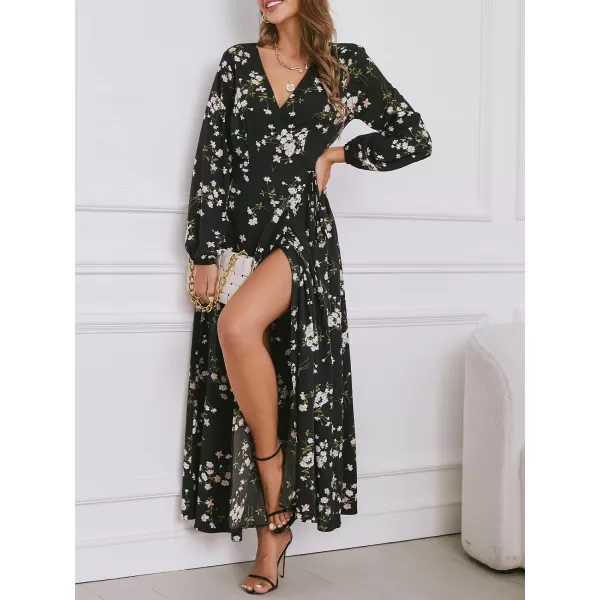 imageCUPSHE Floral Print Maxi Dresses for Women Aline Long Sleeves Fall High Slit Wrap DressWhite Floral