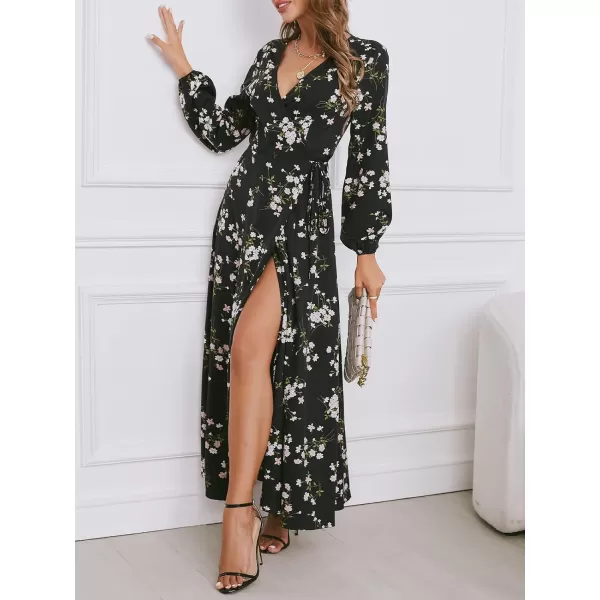 imageCUPSHE Floral Print Maxi Dresses for Women Aline Long Sleeves Fall High Slit Wrap DressWhite Floral
