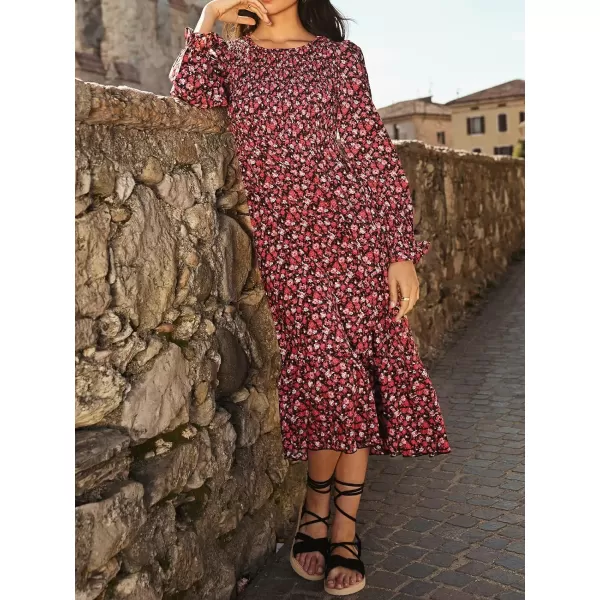 imageCUPSHE Floral Smocked Maxi Dress Long Sleeves Smocking Dresses Casual SummerRed