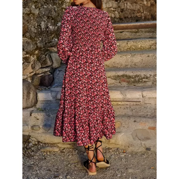 imageCUPSHE Floral Smocked Maxi Dress Long Sleeves Smocking Dresses Casual SummerRed