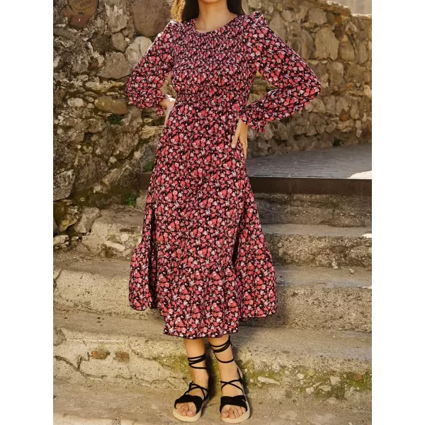 imageCUPSHE Floral Smocked Maxi Dress Long Sleeves Smocking Dresses Casual SummerRed