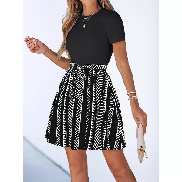 imageCUPSHE Geo Print Belted Combo Dress Short Sleeves Crew Neck Dresses Casual SummerBlack