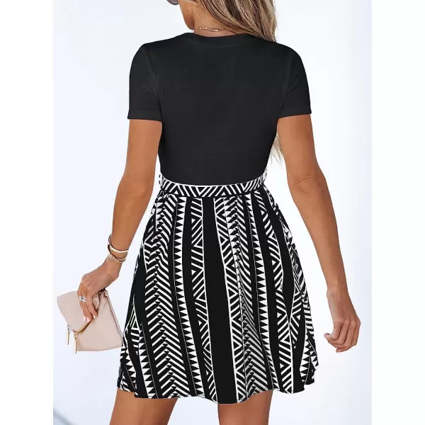 imageCUPSHE Geo Print Belted Combo Dress Short Sleeves Crew Neck Dresses Casual SummerBlack