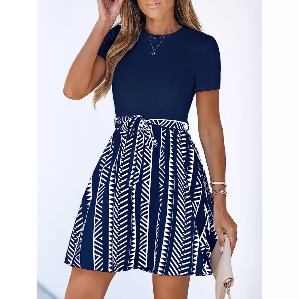 imageCUPSHE Geo Print Belted Combo Dress Short Sleeves Crew Neck Dresses Casual SummerPink Leopard