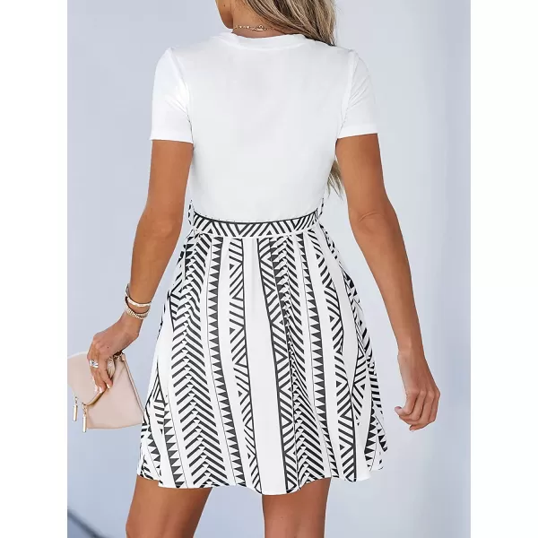 imageCUPSHE Geo Print Belted Combo Dress Short Sleeves Crew Neck Dresses Casual SummerWhite