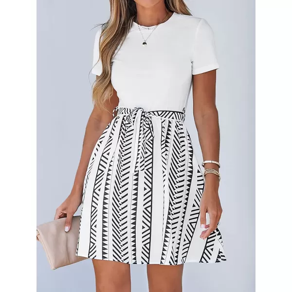 imageCUPSHE Geo Print Belted Combo Dress Short Sleeves Crew Neck Dresses Casual SummerWhite