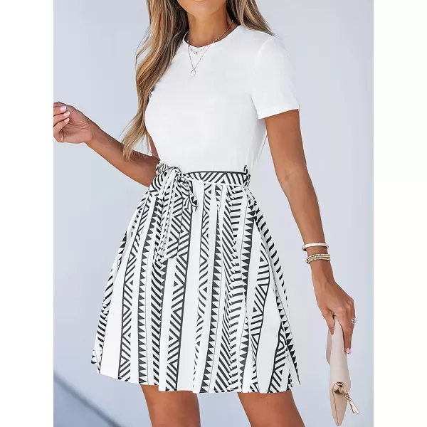 imageCUPSHE Geo Print Belted Combo Dress Short Sleeves Crew Neck Dresses Casual SummerWhite