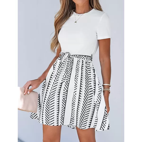 imageCUPSHE Geo Print Belted Combo Dress Short Sleeves Crew Neck Dresses Casual SummerWhite