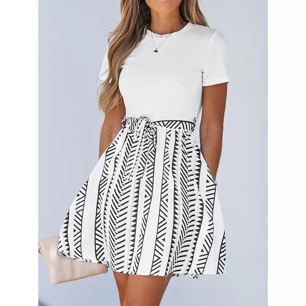 imageCUPSHE Geo Print Belted Combo Dress Short Sleeves Crew Neck Dresses Casual SummerWhite