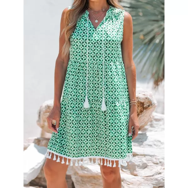 imageCUPSHE Geo Print Tassel Mini Dress Sleeveless V Neck Dress Casual Beach SummerGreen