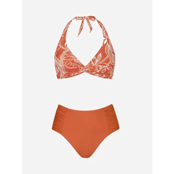 imageCUPSHE High Waisted Bikini Sets Womens Bikini Swimsuits 2 Piece Bathing Suits Twisted Push Up Crisscross Back Floral PrintDark Orange