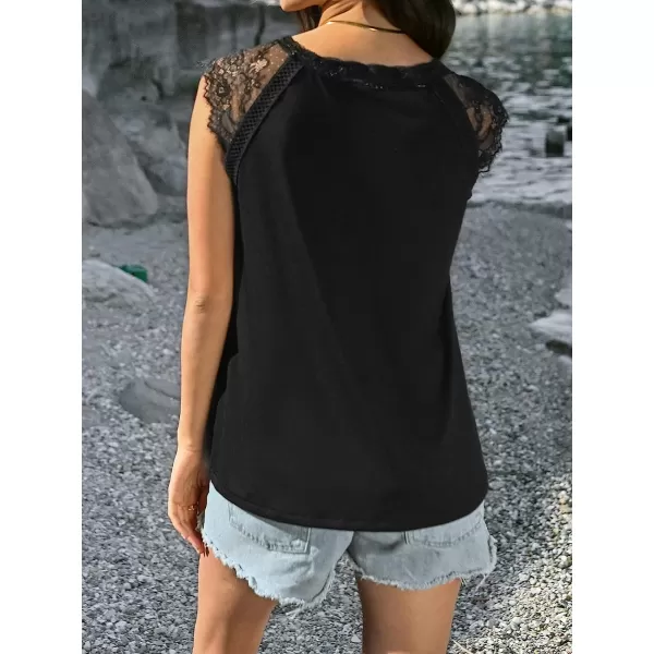 imageCUPSHE Lace Cap Sleeve Top VNeck Tee Shirts Sleeveless Tank Tops CasualBlack