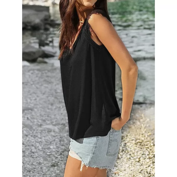 imageCUPSHE Lace Cap Sleeve Top VNeck Tee Shirts Sleeveless Tank Tops CasualBlack
