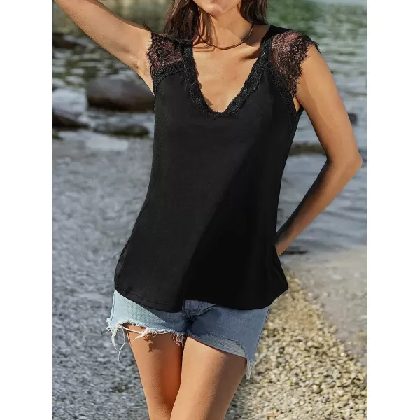 imageCUPSHE Lace Cap Sleeve Top VNeck Tee Shirts Sleeveless Tank Tops CasualBlack