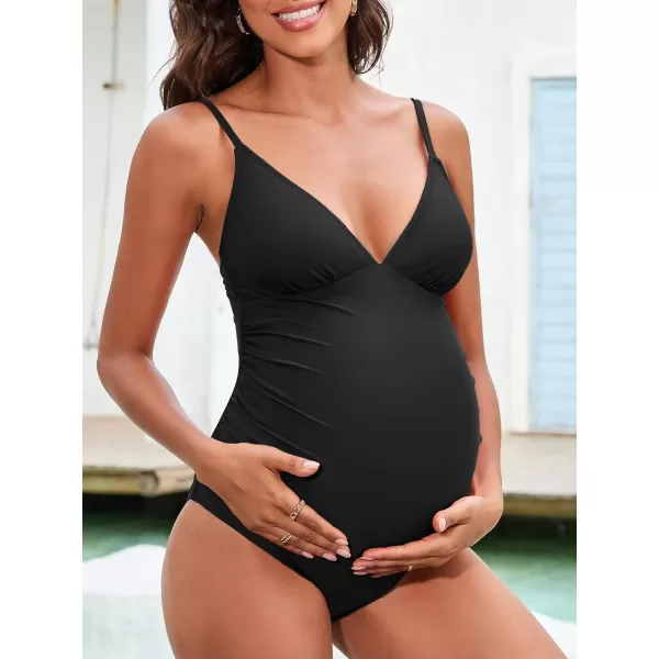 imageCUPSHE Maternity Swimsuit for Women One Piece Swimsuits Pregnancy Swimwear Spaghetti Straps Ruched AdjustableBlack