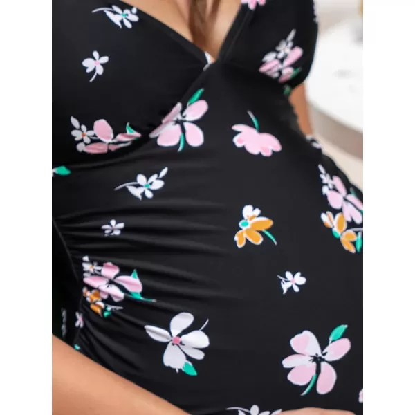 imageCUPSHE Maternity Swimsuit for Women One Piece Swimsuits Pregnancy Swimwear Spaghetti Straps Ruched AdjustableBlackPink Floral