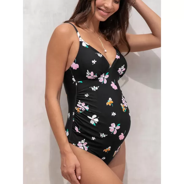 imageCUPSHE Maternity Swimsuit for Women One Piece Swimsuits Pregnancy Swimwear Spaghetti Straps Ruched AdjustableBlackPink Floral