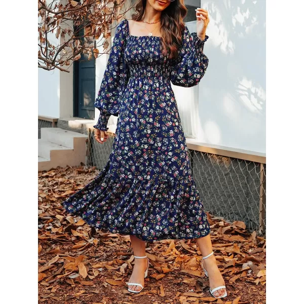 imageCUPSHE Maxi Dresses for Women Aline Long Sleeves Fall Square Neck Smocked Flowy DressMulticoloured