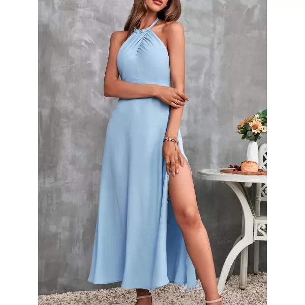 imageCUPSHE Maxi Split Dress for Women Self Tie Sleeveless Fitted Waisted Halter Neck Backless Dress with ZipperBlue