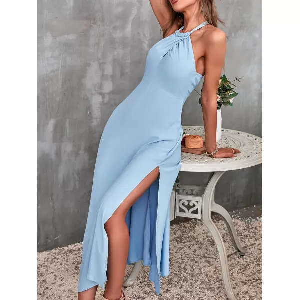 imageCUPSHE Maxi Split Dress for Women Self Tie Sleeveless Fitted Waisted Halter Neck Backless Dress with ZipperBlue
