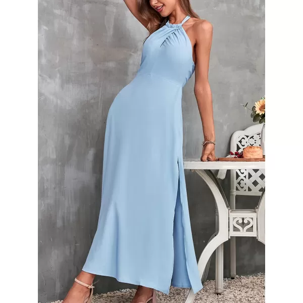 imageCUPSHE Maxi Split Dress for Women Self Tie Sleeveless Fitted Waisted Halter Neck Backless Dress with ZipperBlue