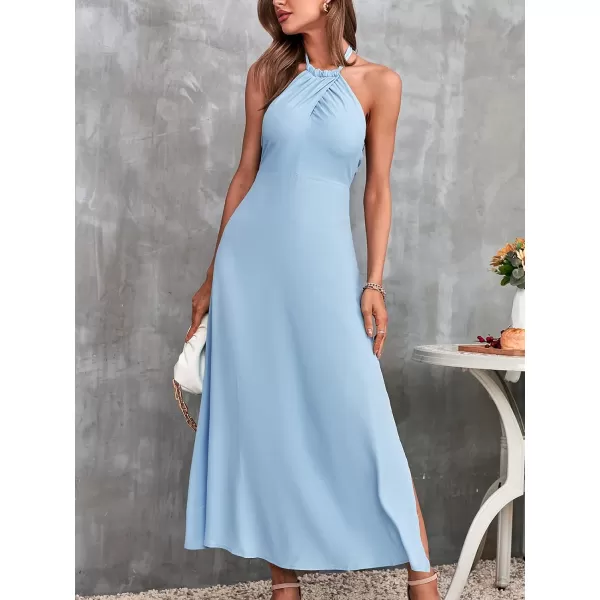 imageCUPSHE Maxi Split Dress for Women Self Tie Sleeveless Fitted Waisted Halter Neck Backless Dress with ZipperBlue