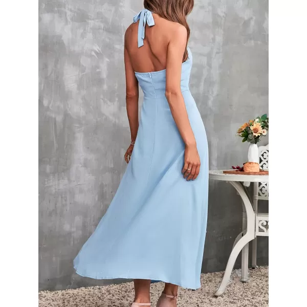 imageCUPSHE Maxi Split Dress for Women Self Tie Sleeveless Fitted Waisted Halter Neck Backless Dress with ZipperBlue