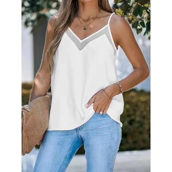 imageCUPSHE Mesh Insert V Neck Cami Top Sleeveless Tank Shirts Lace Shirts CasualWhite
