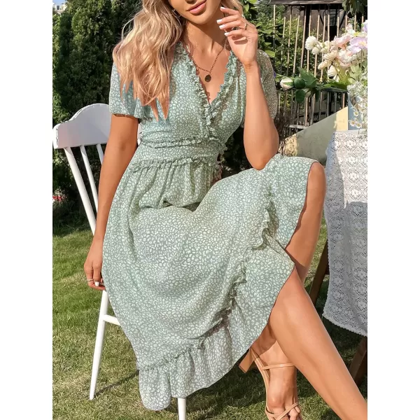 imageCUPSHE Midi Casual Dress for Women V Neck Flare Short Sleeve Lace Frill Design Fitted Waisted Pink Leopard PrintGreen