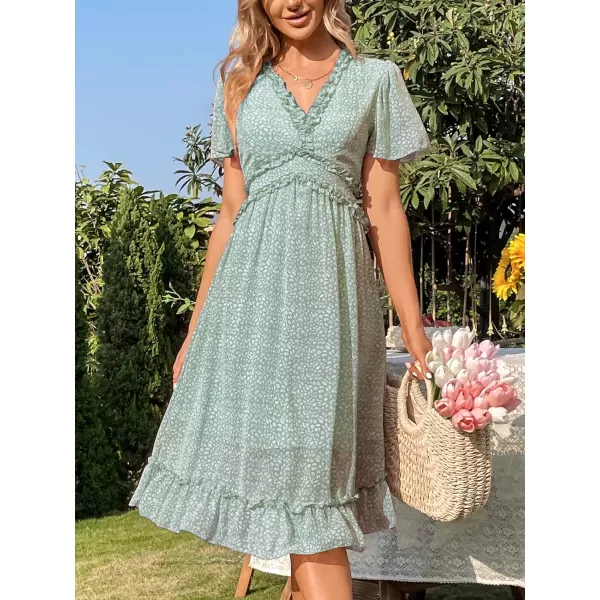 imageCUPSHE Midi Casual Dress for Women V Neck Flare Short Sleeve Lace Frill Design Fitted Waisted Pink Leopard PrintGreen