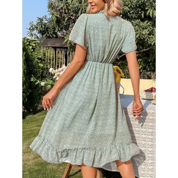 imageCUPSHE Midi Casual Dress for Women V Neck Flare Short Sleeve Lace Frill Design Fitted Waisted Pink Leopard PrintGreen