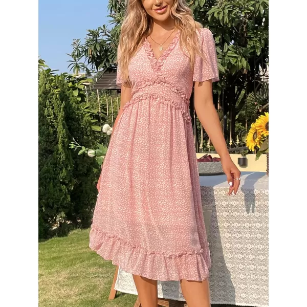 imageCUPSHE Midi Casual Dress for Women V Neck Flare Short Sleeve Lace Frill Design Fitted Waisted Pink Leopard PrintPink