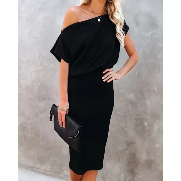 imageCUPSHE Midi Dress Short Sleeve Off Shoulder Underneath Party Dress for WomenBlack