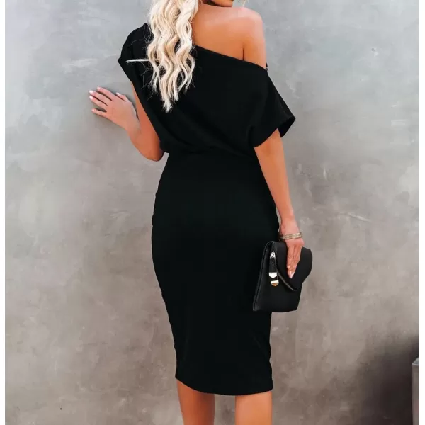 imageCUPSHE Midi Dress Short Sleeve Off Shoulder Underneath Party Dress for WomenBlack