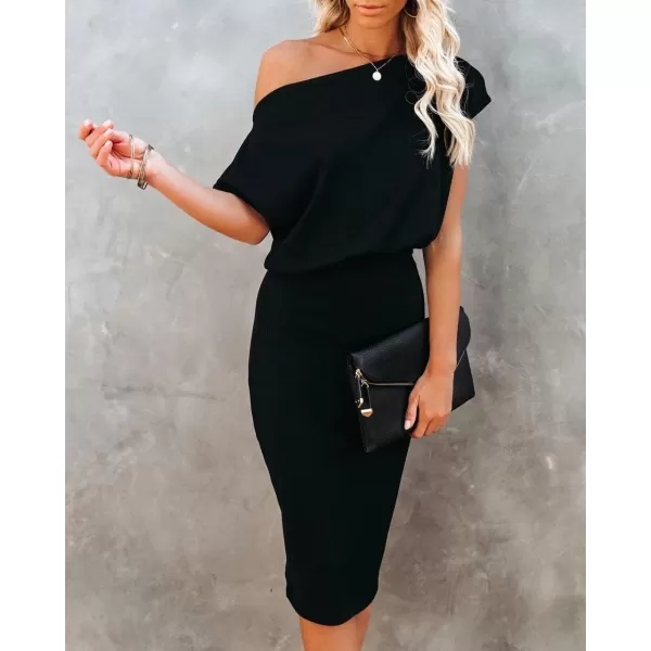 imageCUPSHE Midi Dress Short Sleeve Off Shoulder Underneath Party Dress for WomenBlack