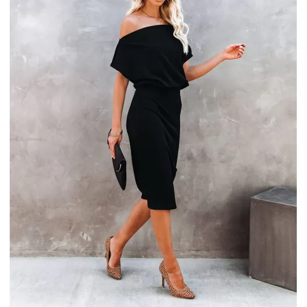 imageCUPSHE Midi Dress Short Sleeve Off Shoulder Underneath Party Dress for WomenBlack