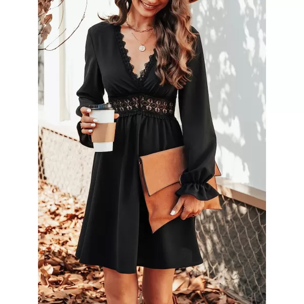 imageCUPSHE Mini Dresses for Women Aline Long Sleeves Fall Lace Trim Flowy DressBlack