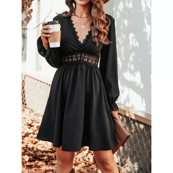imageCUPSHE Mini Dresses for Women Aline Long Sleeves Fall Lace Trim Flowy DressBlack