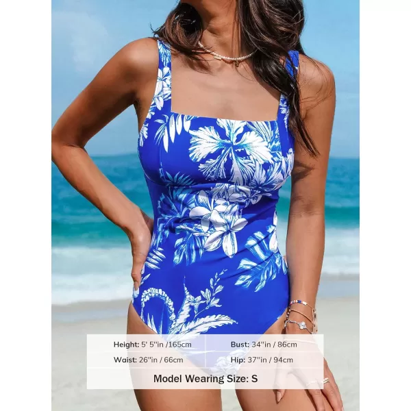 imageCUPSHE One Piece Swimsuit for Women Bathing Suit Adjustable Wide Straps Vintage Square NeckAzure Blue Floral