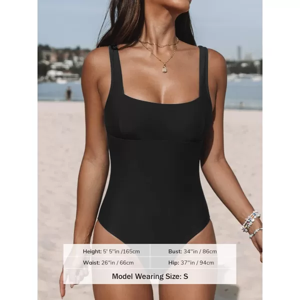 imageCUPSHE One Piece Swimsuit for Women Bathing Suit Adjustable Wide Straps Vintage Square NeckBlack