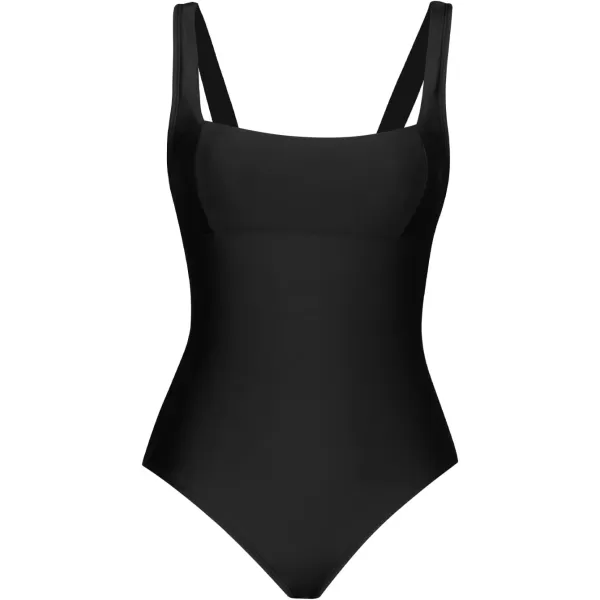 imageCUPSHE One Piece Swimsuit for Women Bathing Suit Adjustable Wide Straps Vintage Square NeckBlack