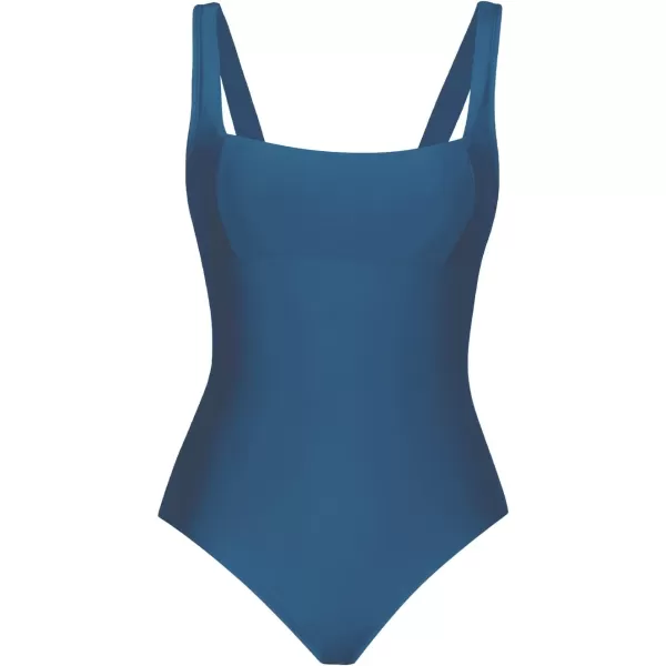 imageCUPSHE One Piece Swimsuit for Women Bathing Suit Adjustable Wide Straps Vintage Square NeckBlue