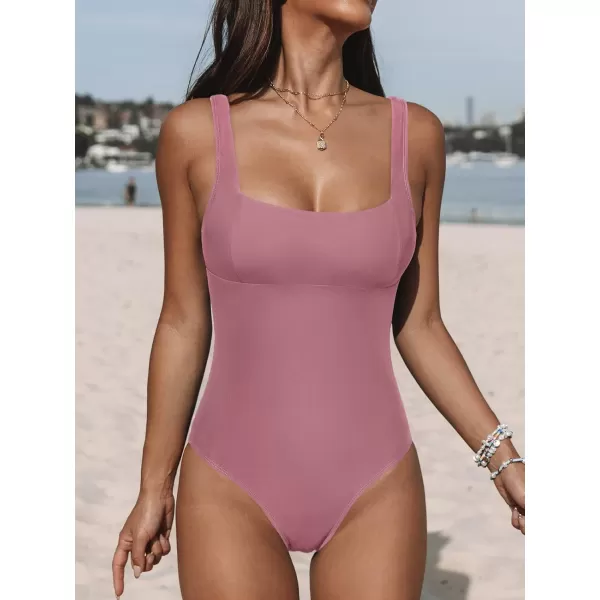 imageCUPSHE One Piece Swimsuit for Women Bathing Suit Adjustable Wide Straps Vintage Square NeckNude Pink